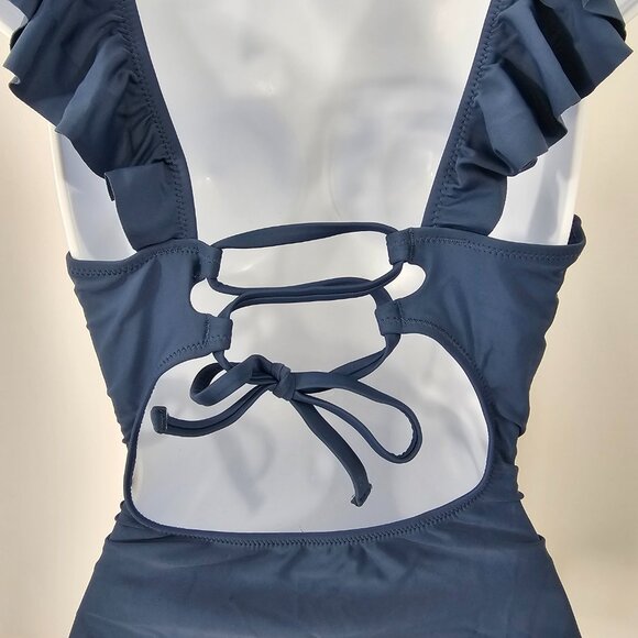 Cupshe Women's Blue Ruffled V Neck Lace Up Back One Piece Swimsuit Size M NWT - Picture 8 of 13